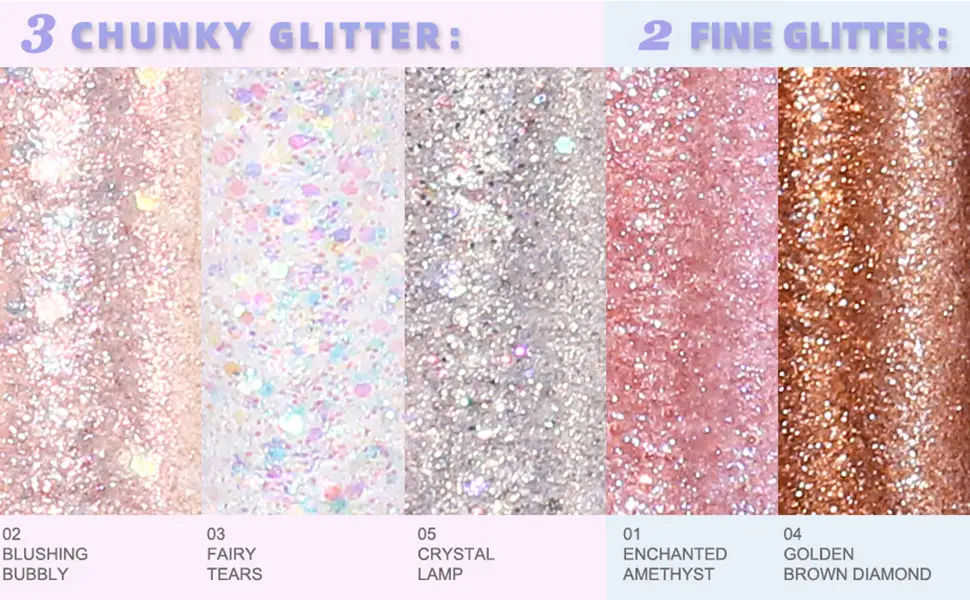 Bekoeen 5 PCS Liquid Glitter Eyeshadow Korean Makeup Under Eye Shadow Bling Pigmented  Long Lasting  Quick Drying  Loose Glitter Glue for Crystals EyeMakeup - color display