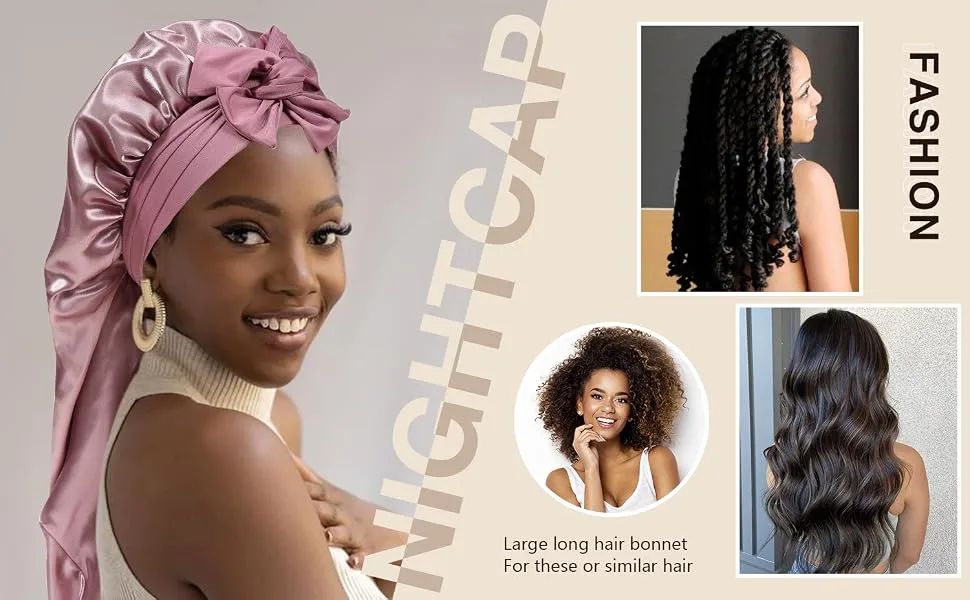 AWAYTR Long Satin Bonnet for Braids - Elastic Silk Hair Bonnets for Sleeping Night Cap Stretchy Tie Band for Women(Brown) One Size Brown - HT6046