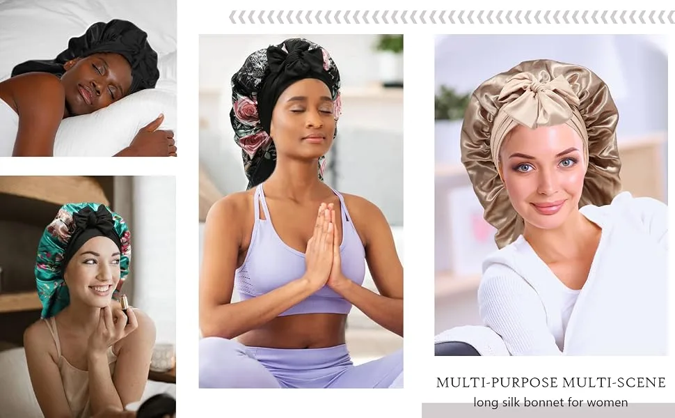 AWAYTR Long Satin Bonnet for Braids - Elastic Silk Hair Bonnets for Sleeping Night Cap Stretchy Tie Band for Women(Brown) One Size Brown - HT6046