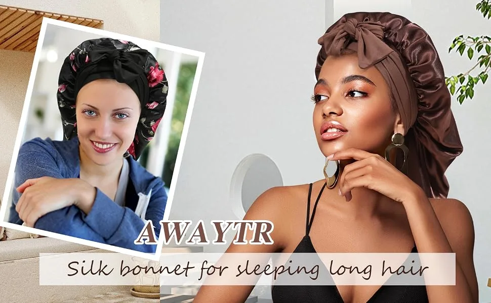 AWAYTR Long Satin Bonnet for Braids - Elastic Silk Hair Bonnets for Sleeping Night Cap Stretchy Tie Band for Women(Brown) One Size Brown - HT6046