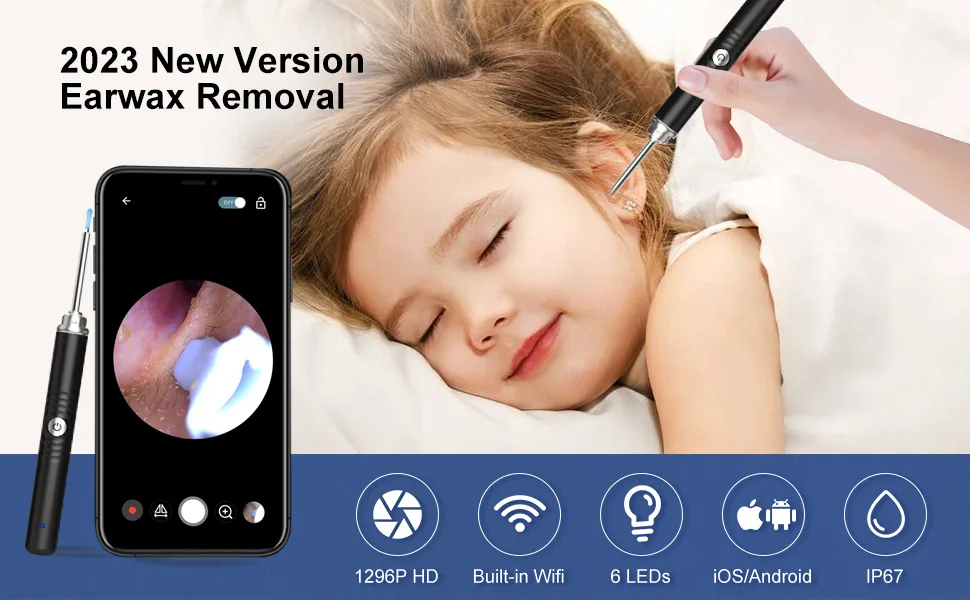 Ear Wax Removal  1296P Image Ear Wax Removal Tool with Camera. 6 LED Lights  Built-in WiFi  11Pcs Ear Sets  Wireless Ear Cleaner for iOS & Android - earwax removal