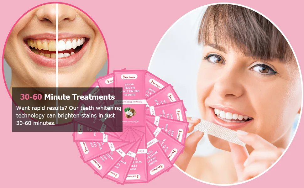 Hot Pepper Professional Teeth Whitening Strip Kit with 8% Pap  56 Pouches 112 Strips Total (Coconut) - teeth whitening strip