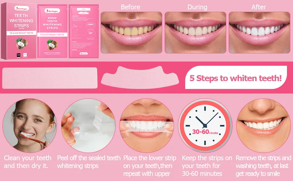 Hot Pepper Professional Teeth Whitening Strip Kit with 8% Pap  56 Pouches 112 Strips Total (Coconut) - teeth whitening strip