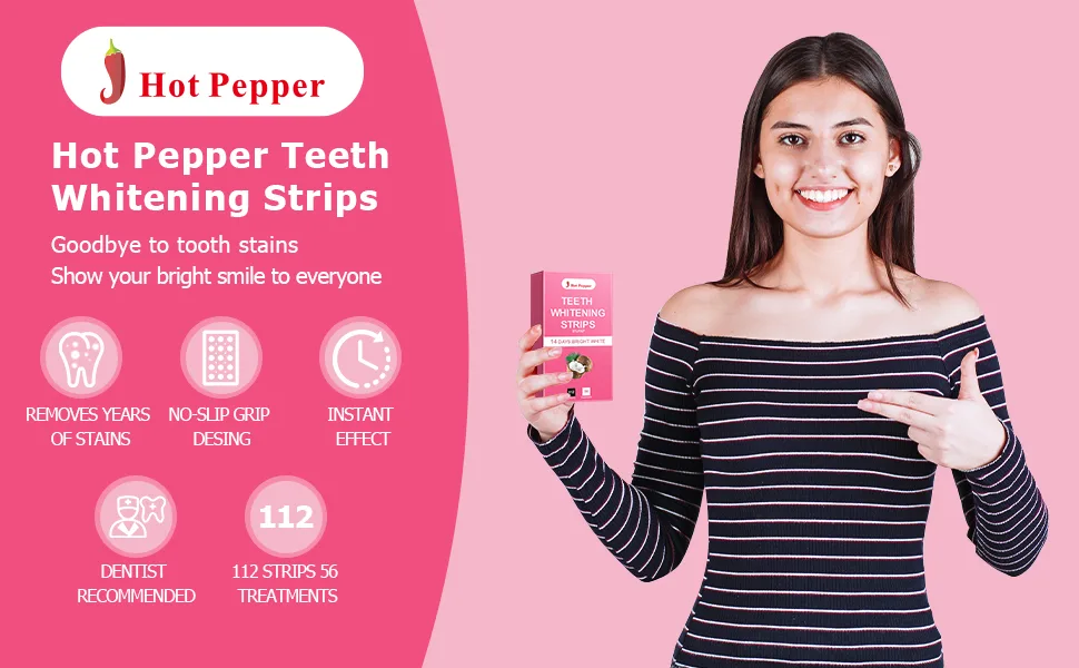 Hot Pepper Professional Teeth Whitening Strip Kit with 8% Pap  56 Pouches 112 Strips Total (Coconut) - teeth whitening strip
