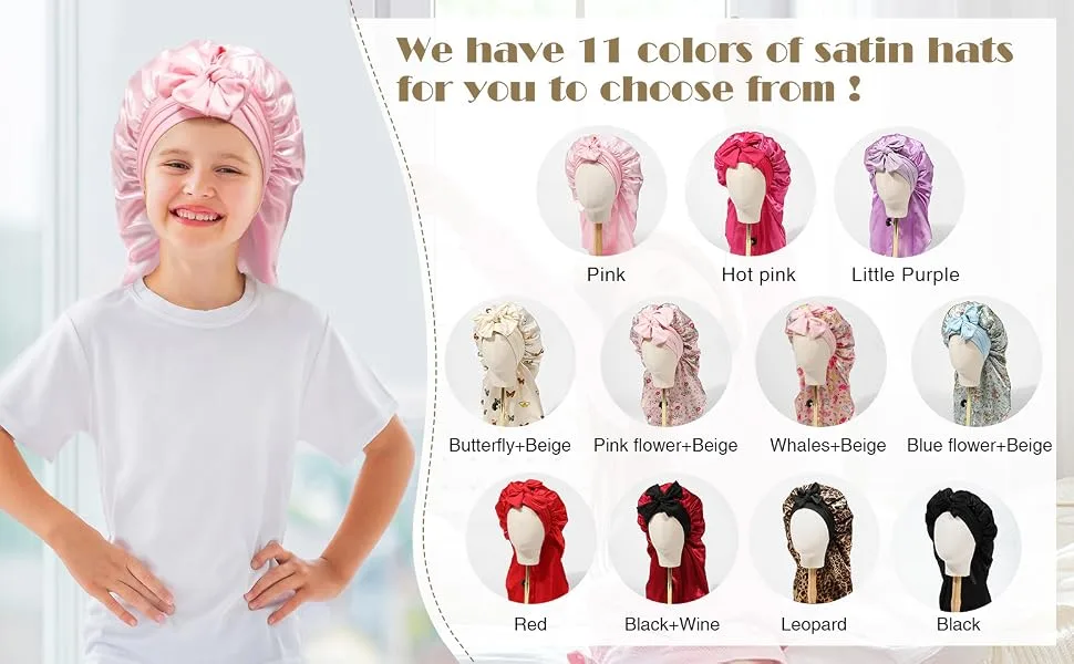 Kids Long Hair Bonnet for Sleeping - Double Layer Girls Elastic Satin Bonnet with Tie Band for Braid Curly Hair(Black) - kids satin bonnet