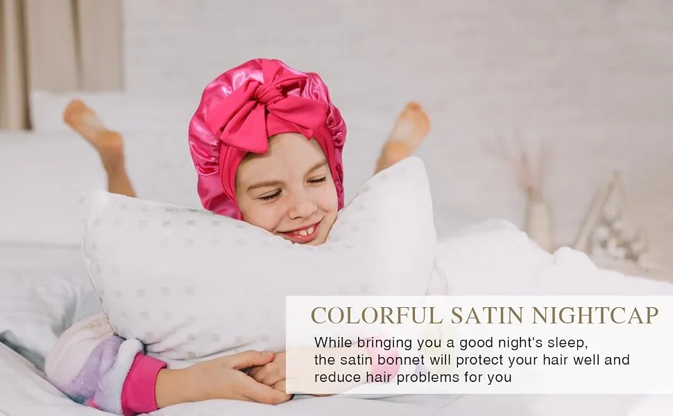 Kids Long Hair Bonnet for Sleeping - Double Layer Girls Elastic Satin Bonnet with Tie Band for Braid Curly Hair(Black) - satin sleep cap