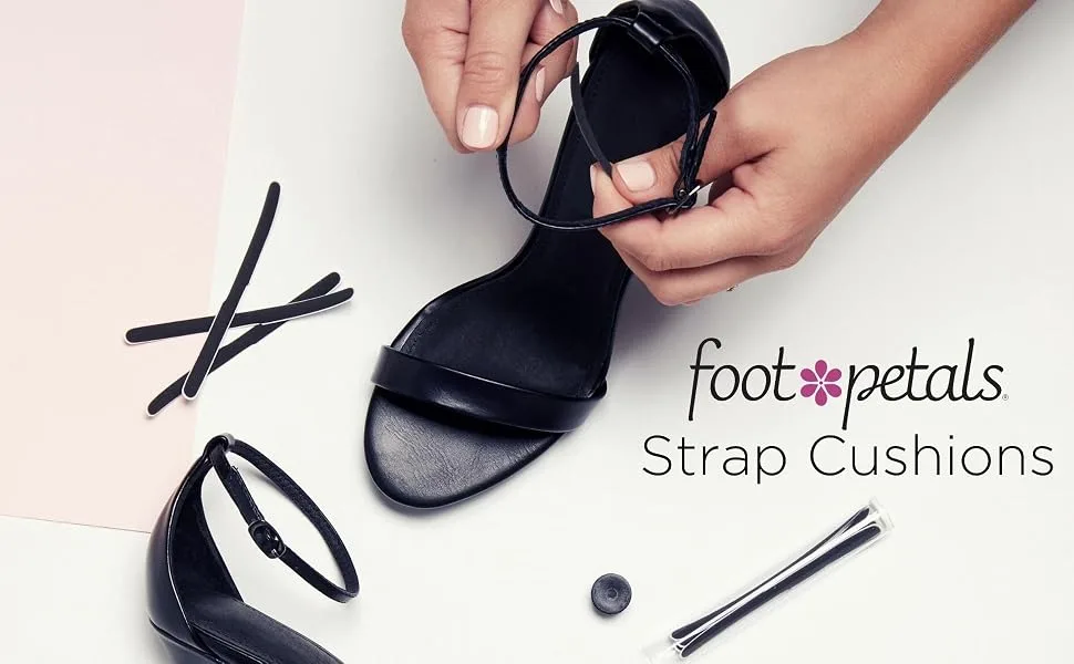Foot Petals womens Strap Cushion Insert  Black  8 Count Pack of 1 US - Woman inserting a black strap cushion on a black high heel