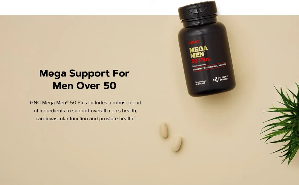 GNC Mega Men 50 Plus Multivitamin 120 Count (Pack of 1) - Mega Support For Men Over 50. GNC Mega Men 50 Plus includes a robust blend of ingredients
