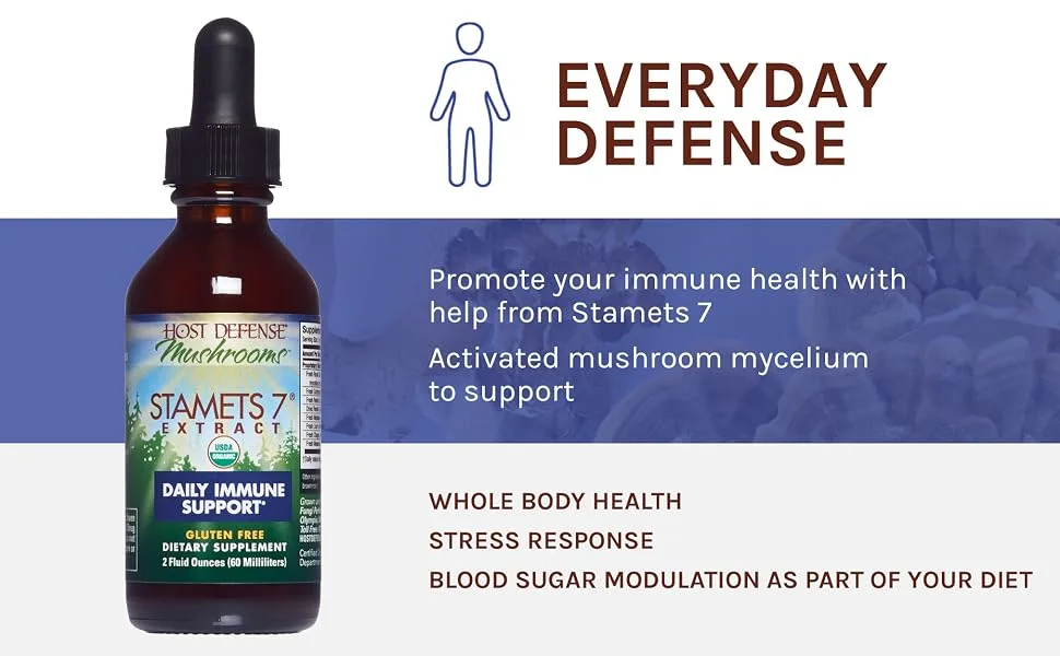 Host Defense  Stamets 7 Extract  Daily Immune Support  Mushroom Supplement with Lion s Mane and Reishi  Plain  2 fl oz 2 Fl Oz (Pack of 1) - Everyday defense