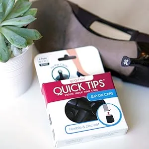 GoGoHeel Quick Tips - The Original High Heel Protector & Heel Repair Caps - 4 Pairs Multipack (XS  S  M  L  Black) 8 Count (Pack of 1) Black - QUICK TIPS Heel Cap package next to high heel shoe with worn heel tip and exposed metal nail