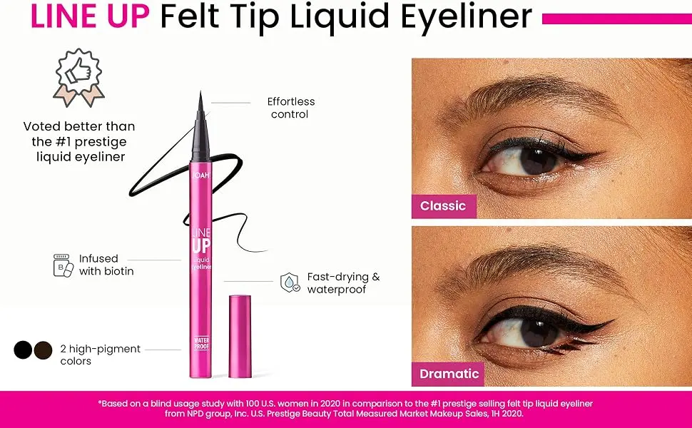 JOAH Line Up Liquid Eyeliner with Precision Felt Tip  Waterproof  Long Lasting  Smudge Proof Eye Liner  Black Black 1 Count (Pack of 1) - line up JOAH
