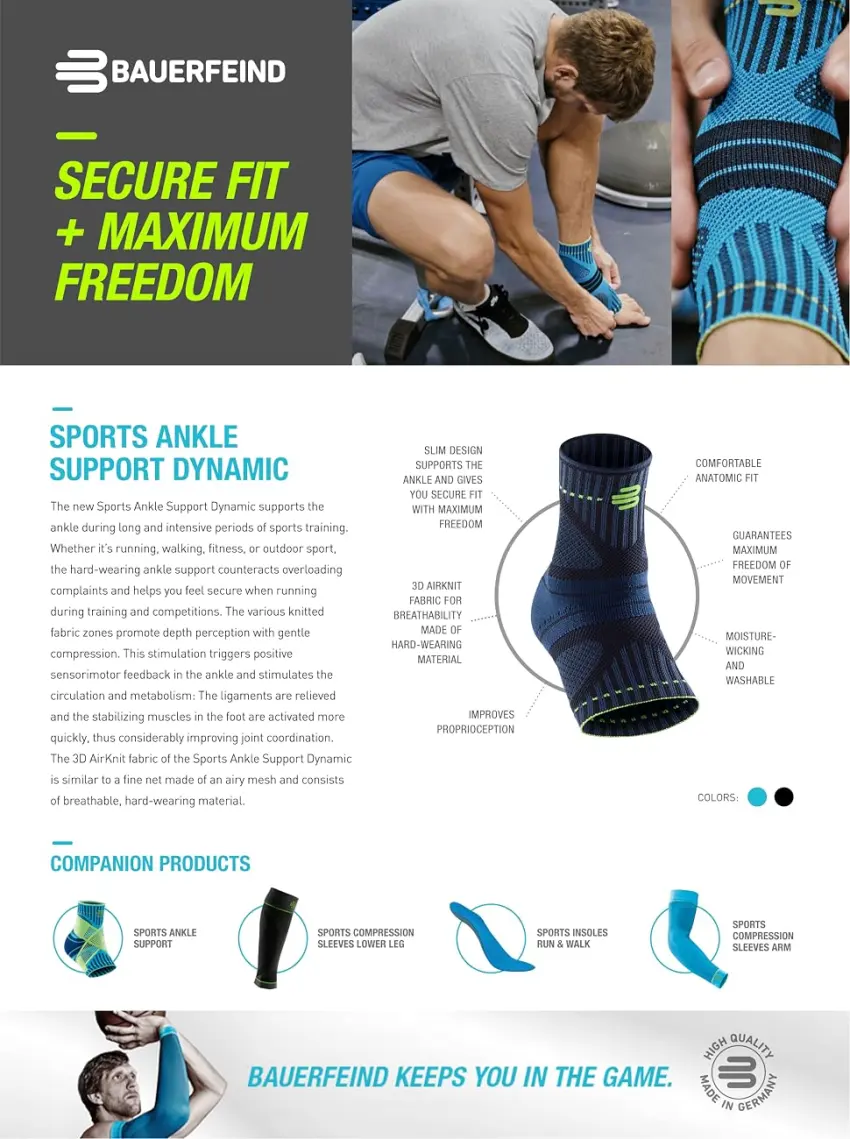 Bauerfeind Sports Ankle Support Dynamic - Ankle Compression Sleeve for Freedom of Movement - 3D AirKnit Fabric for Breathability - Premium Quality & Washable (M  Black) Medium (Pack of 1) Black - product information 1