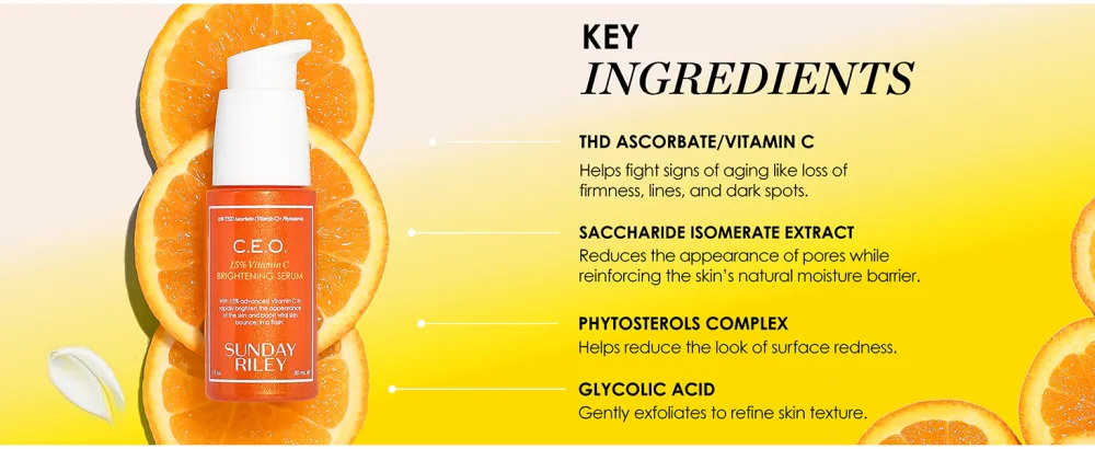Sunday Riley C.E.O. 15% Vitamin C Brightening Serum 1 Fl Oz (Pack of 1) - THD ASCORBATE/VITAMIN C, SACCHARIDE ISOMERATE EXTRACT, PHYTOSTEROLS COMPLEX, GLYCOLIC ACID