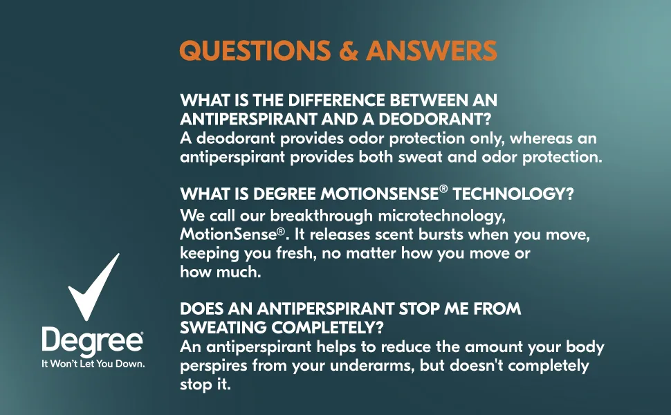 Degree Men UltraClear Antiperspirant Deodorant Black+White 2 Count 72-Hour Sweat & Odor Protection Antiperspirant For Men With MotionSense Technology 2.7 oz 2 Count (Pack of 1) - Questions and Answers