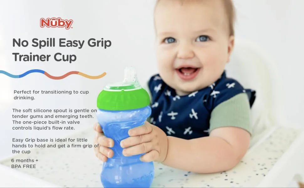 Nuby 2 Piece No Spill Easy Grip Trainer Cup 10 oz  Blue/Red 2 Count (Pack of 1) Blue/Red - baby image with cup