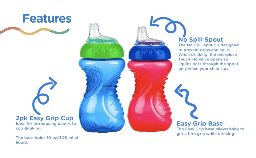 Nuby 2 Piece No Spill Easy Grip Trainer Cup 10 oz  Blue/Red 2 Count (Pack of 1) Blue/Red - gripper 2pk