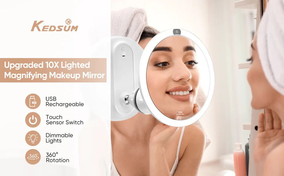 KEDSUM Upgraded 9 Rechargeable 10x Magnifying Makeup Mirror with Lights  Dimmable Lighted Vanity Mirror with Magnification and A Large Suction Cup  Touch Button  360 Degree Rotation 9 inch (Pack of 1) - product information 19