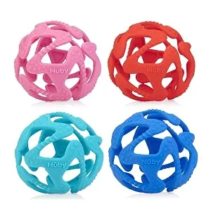 Nuby 100% Silicone Tuggy Teether Ball  6 Months +  Colors May Vary 1 Count (Pack of 1) multi - four colors
