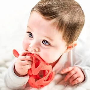 Nuby 100% Silicone Tuggy Teether Ball  6 Months +  Colors May Vary 1 Count (Pack of 1) multi - red teether pic