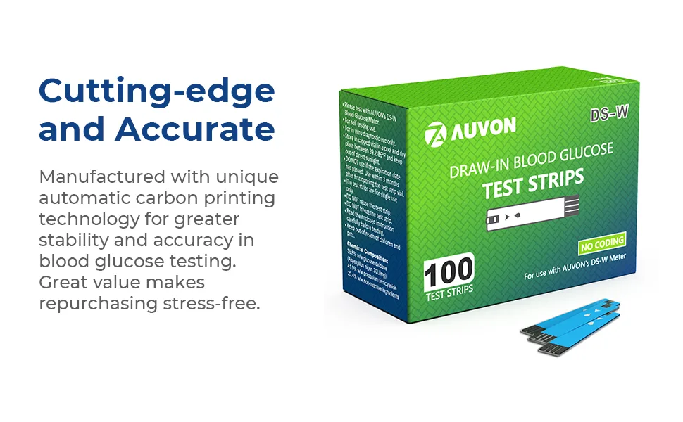 AUVON I-QARE DS-W Draw-in Blood Glucose Test Strips for use with AUVON DS-W Diabetes Sugar Testing Meter (No Coding Required  100 Count) 100 Count (Pack of 1) - test strips