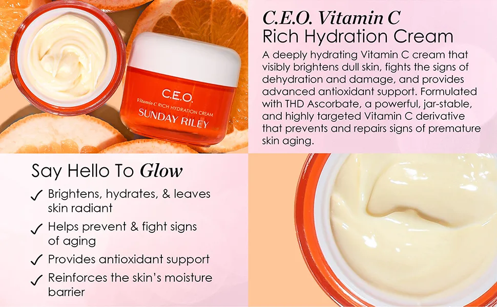 Sunday Riley C.E.O. Vitamin C Rich Hydration Cream Face Moisturizer 1.7 Fl Oz (Pack of 1) - C.E.O. Moisturizer: Brightens, hydrates, & leaves. Helps prevent & fight signs.