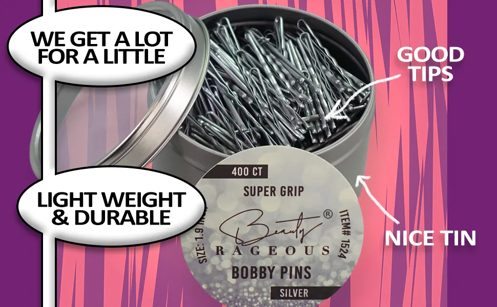 Super Grip Silver Bobby Pins - 400 Ct Approx - Handy Reusable Tin 400 Count (Pack of 1) - silver grey bobby pins