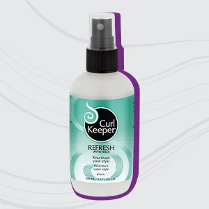 Curl Keeper Refresh Next Day Styling Spray (3.4 oz) 3.4 Fl Oz (Pack of 1) - Light gray box with Curl Keeper Refresh with Hold styling spray centered in box, dark gray border.