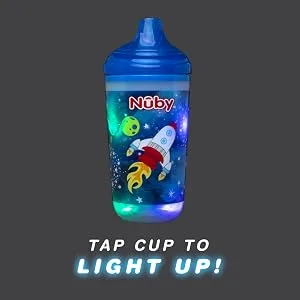 Nuby Insulated Light-Up Plastic Cup with No Spill Bite Resistant Hard Spout  10 Oz  Blue Space Blue Rocket 5 Inch (Pack of 1) - bite resistant spout