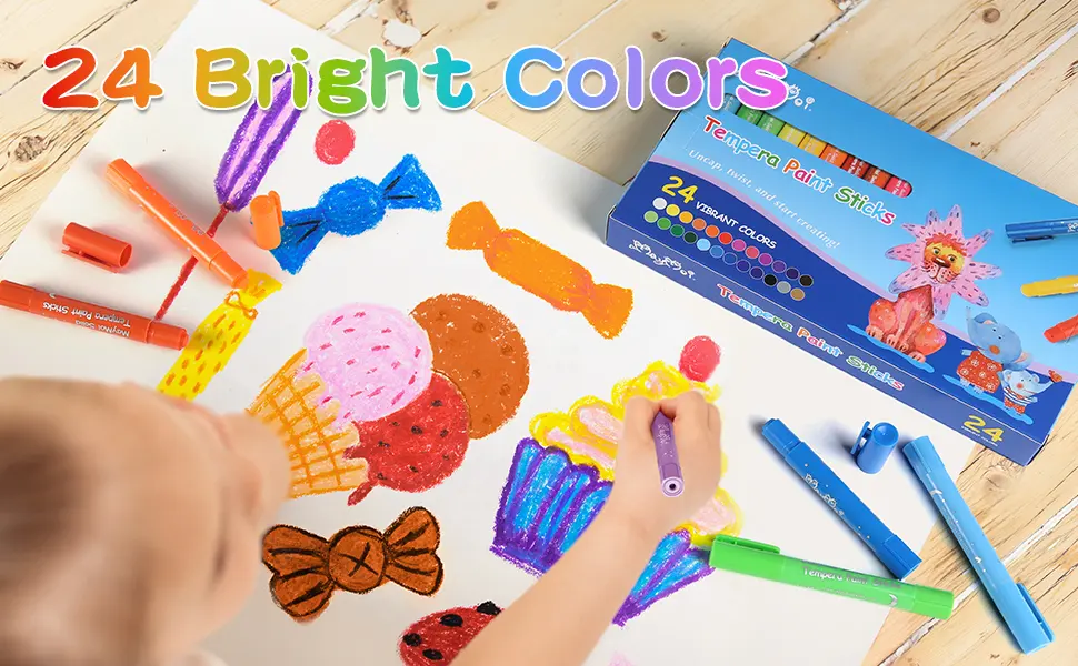 MayMoi Washable Tempera Paint Sticks | Non-Toxic  Quick Drying & No Mess Paint Sticks for Kids (24 Bright Colors  6g) 24 Count (Pack of 1) - MayMoi Tempera Paint Sticks