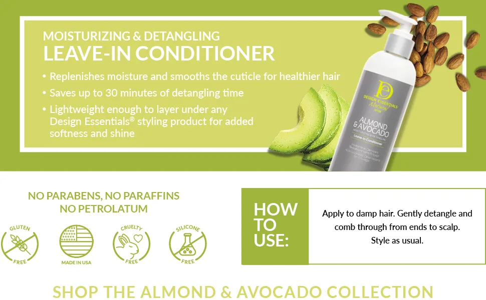 Design Essentials Natural Almond & Avocado  Moisturizing & Detangling Leave-In Conditioner  12 Ounce 12 Fl Oz (Pack of 1) - Almond & Avocado Moisturizing and Detangling Leave-In Conditioner