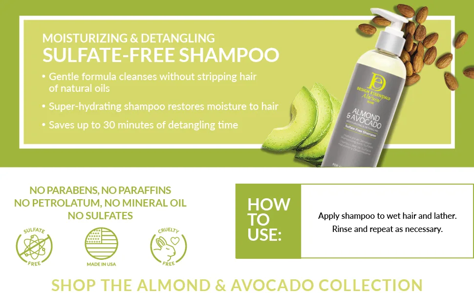 Design Essentials Natural Almond & Avocado Moisturizing & Detangling Sulfate-Free Shampoo  12 Ounce 12 Ounce (Pack of 1) - Sulfate Free Shampoo