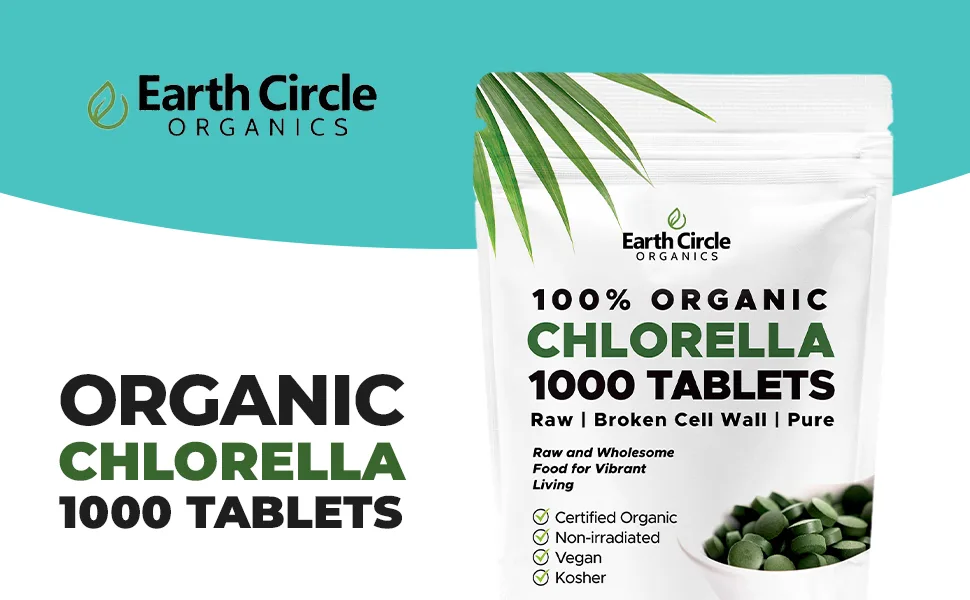 Earth Circle Organics Premium Chlorella Tablets | USDA Organic | Kosher | Highest Potency  Pure Chlorella Algae raw superfood  Broken Cell Wall | High in Protein  no additives -1000 Count (Pack of 1) - chlorella 1000