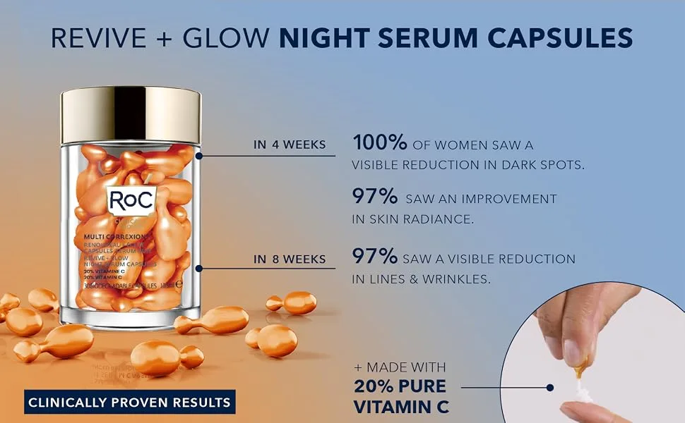 RoC Multi Correxion Revive + Glow 20% Pure Vitamin C Night Serum Capsules for Brightening  Dark Spots  and Texture 30 Count (Pack of 1) - RoC Multi Correxion Revive + Glow 20% Active Vitamin C Night Serum Capsules