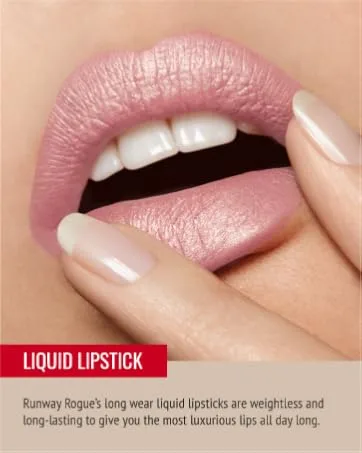 Runway Rogue 90s Vibe Lipstick  Moisturizing Matte True Red Lipstick  Red Carpet Red Carpet 1 Ounce (Pack of 1) - A close-up of lips with liquid pink lipstick on them. Text reads: