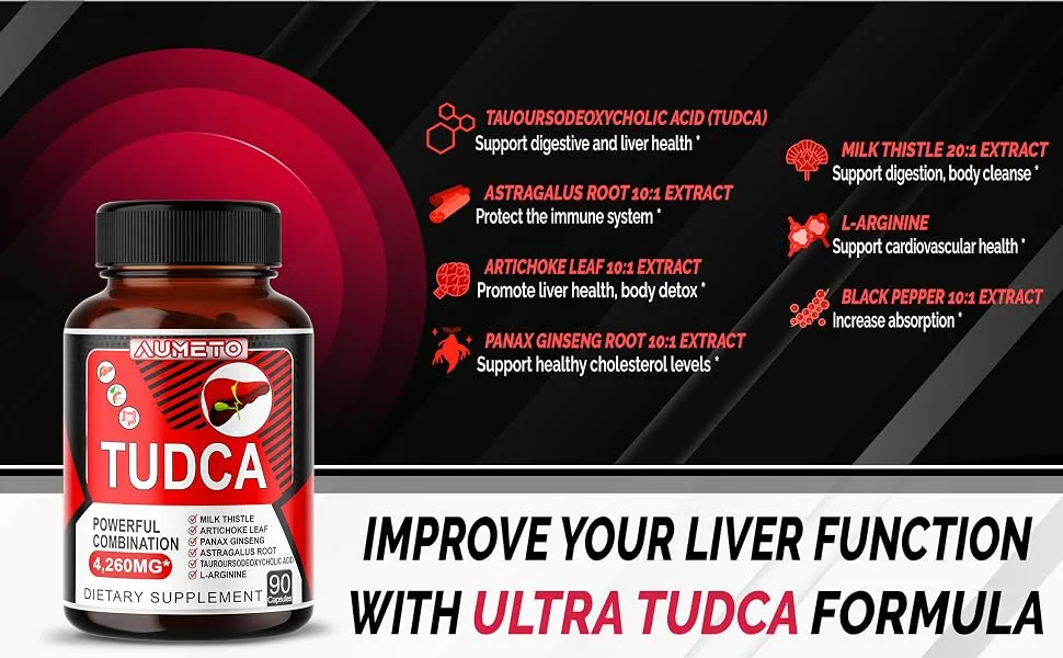 AUMETO TUDCA (Tauroursodeoxycholic Acid) 4260mg with Milk Thistle  Artichoke  Panax Ginseng  Astragalus  L-Arginine - Liver Support  Bile Flow Support  Digestion Support 90 Count (pack of 1) - Aumeto Tudca supplement