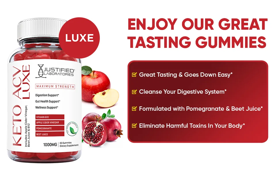 Justified Laboratories Luxe Keto ACV Gummies 1000MG with Pomegranate Juice Beet Root B12 60 Gummys (60 Count) 60 Count (Pack of 1) - luxe keto acv gummies