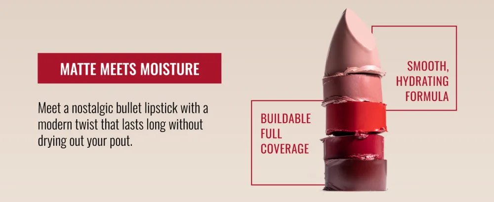 Runway Rogue 90s Vibe Lipstick  Moisturizing Matte Berry-Red Lipstick  Celeb Celeb 1 Ounce (Pack of 1) - A stack of lipstick colors. Text reads: Matte meets moisture. Full coverage. Hydrating formula.