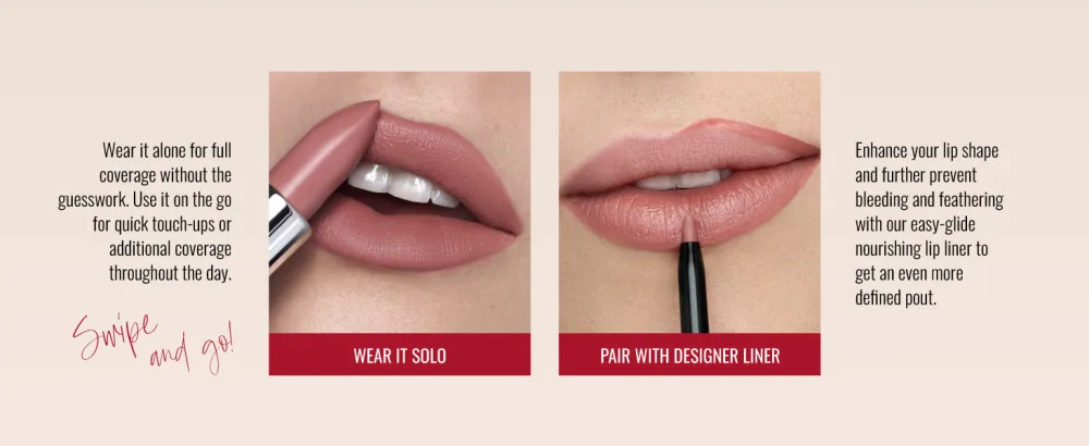 Runway Rogue 90s Vibe Lipstick  Moisturizing Matte Berry-Red Lipstick  Celeb Celeb 1 Ounce (Pack of 1) - Different makeup looks on two pairs of lips. Text reads: Wear it solo. Pair with designer lip liner.