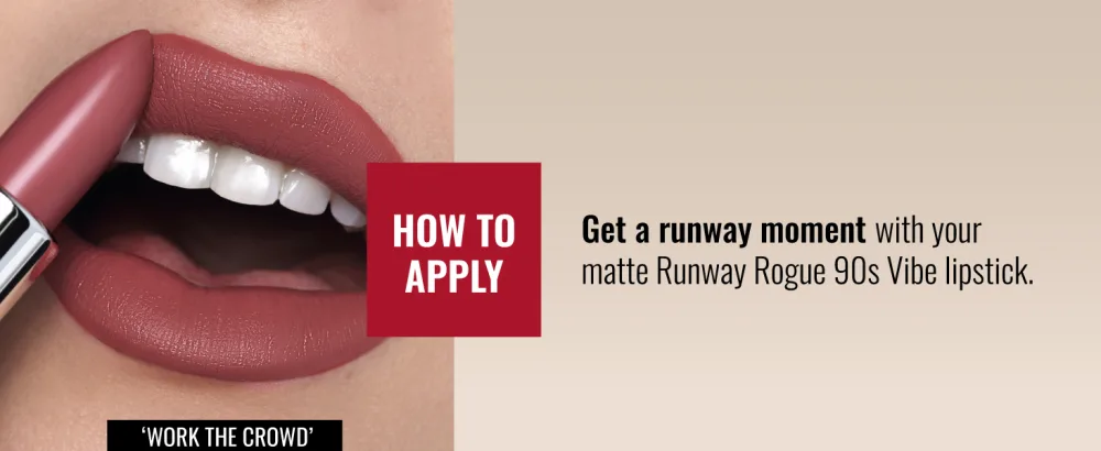 Runway Rogue 90s Vibe Lipstick  Moisturizing Matte Berry-Red Lipstick  Celeb Celeb 1 Ounce (Pack of 1) - The Work the Crowd light-red matte lipstick. Text reads: How to apply. Get a runway moment.