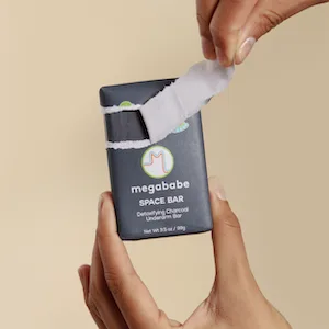 Megababe Underarm Bar Soap - Space Bar | With Detoxifying Charcoal for Odor Control | 3.5 oz 3.5 Ounce (Pack of 1) - Space bar being opened.