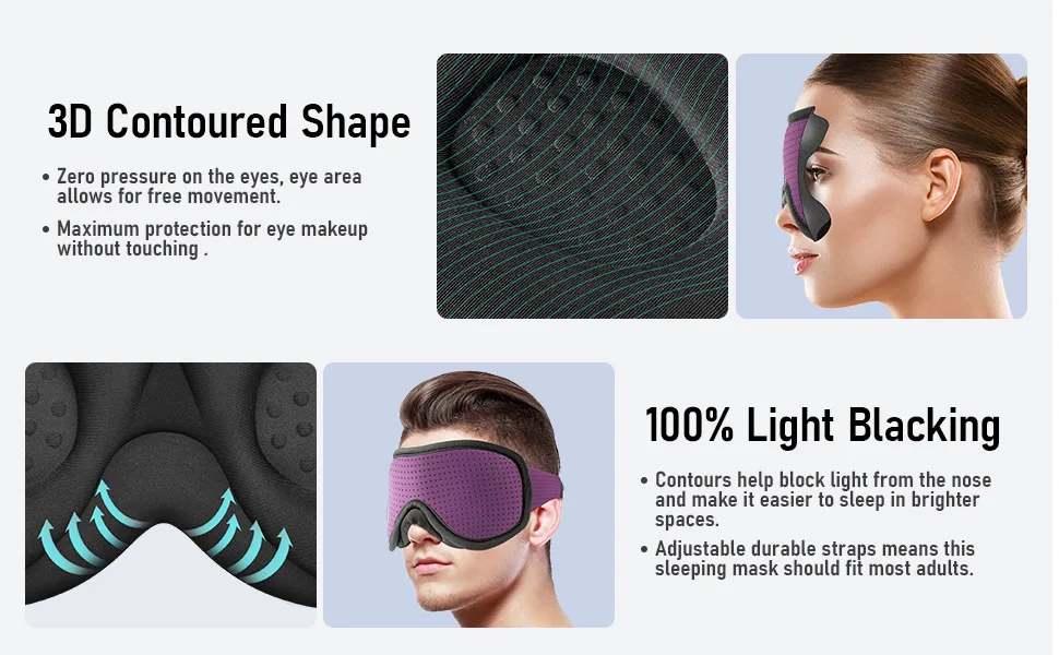 Sleep Mask for Men Women Blocking Light Sleeping  Zero Eye Pressure& Adjustable Eye Covers with Velcro Purple 1 Count (Pack of 1) - eye mask