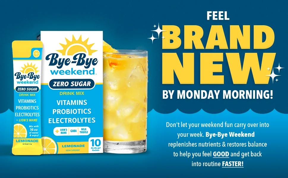 Bye-Bye Weekend Lemonade Drink Mix - Electrolytes  Probiotics  Vitamins for Liver & Gut - Goodbye Fatigue  Brain Fog - Zero Sugar 10 Count (Pack of 1) - feel brand new