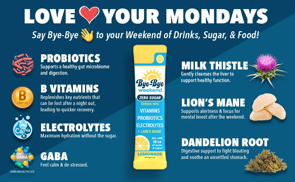 Bye-Bye Weekend Lemonade Drink Mix - Electrolytes  Probiotics  Vitamins for Liver & Gut - Goodbye Fatigue  Brain Fog - Zero Sugar 10 Count (Pack of 1) - love your mondays