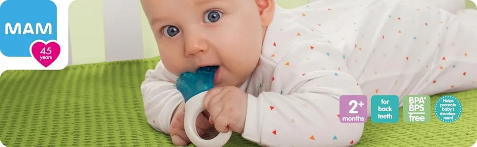 MAM Mini Cooler Teether with Clip Baby Teether  Cooling Mechanism Soothes Sore Gums  Relieves Teething Symptoms in Babies 2+ Months  1 Pack  2+ Months  Boy White/blue - baby teething teething pacifier baby chew toys teething teething toys for babies 0-6 months