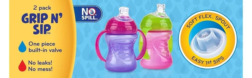Nuby Plastic 2-Pack Two-Handle No-Spill Super Spout Grip N' Sip Cups  8 Ounce  Pink and Purple 1 Pack - Pink and Purple - product information 1