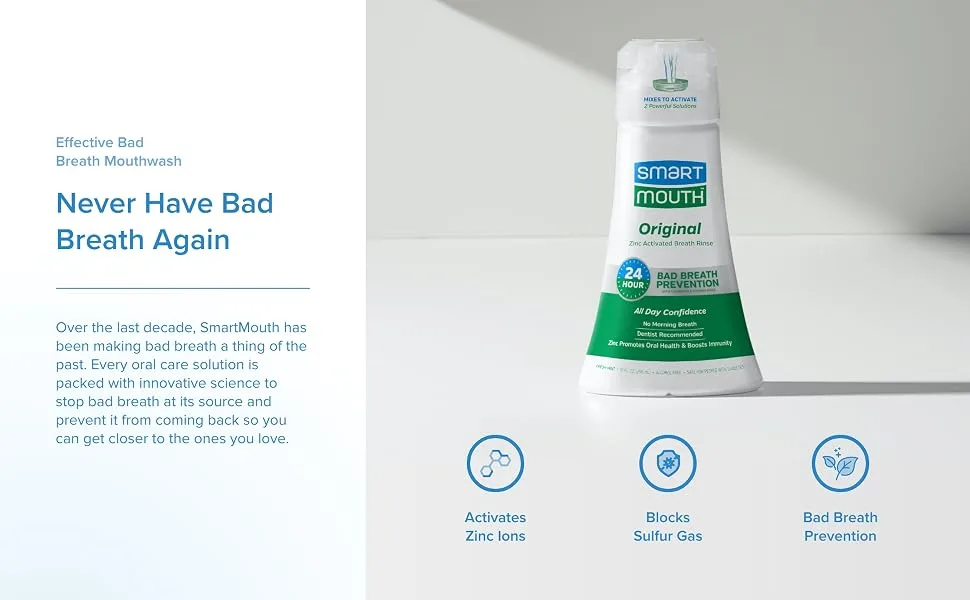SmartMouth Original Activated Mouthwash for Bad Breath  Lasts 24 Hours  Fresh Mint  16 Fl Oz  1 Pack - Never have bad breath again