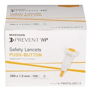 McKesson Prevent HP Safety Lancets  Sterile  Push-Button  25 Gauge Needle  1 mm  100 Count  1 Pack - A box of McKesson Prevent Push-Button Safety Lancets