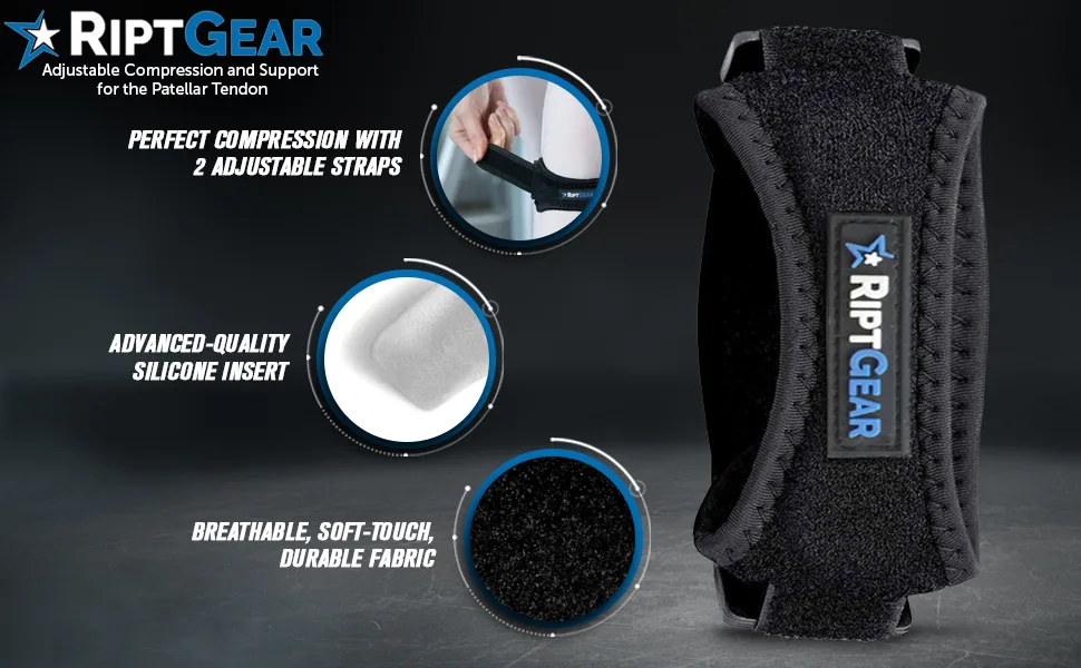 RiptGear Patella Tendon Support Strap - Adjustable Patella Knee Strap - Patellar Stabilizing Knee Compression Strap for Knee Pain - Tendon Strap for Jumpers Knee  Running and Sports Black (1 Pack) - sports neoprene miniscus patelar kneeguard kneeband band gear rehab accessories training flexion