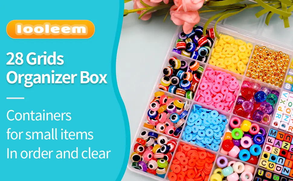 IOOLEEM 28 Grids Plastic Bead Organizer Box  Organizer Container Storage Box  Dividers for bead arts and crafts. Clear 8.6x5x0.66 inch (1 Pack) - product information 12