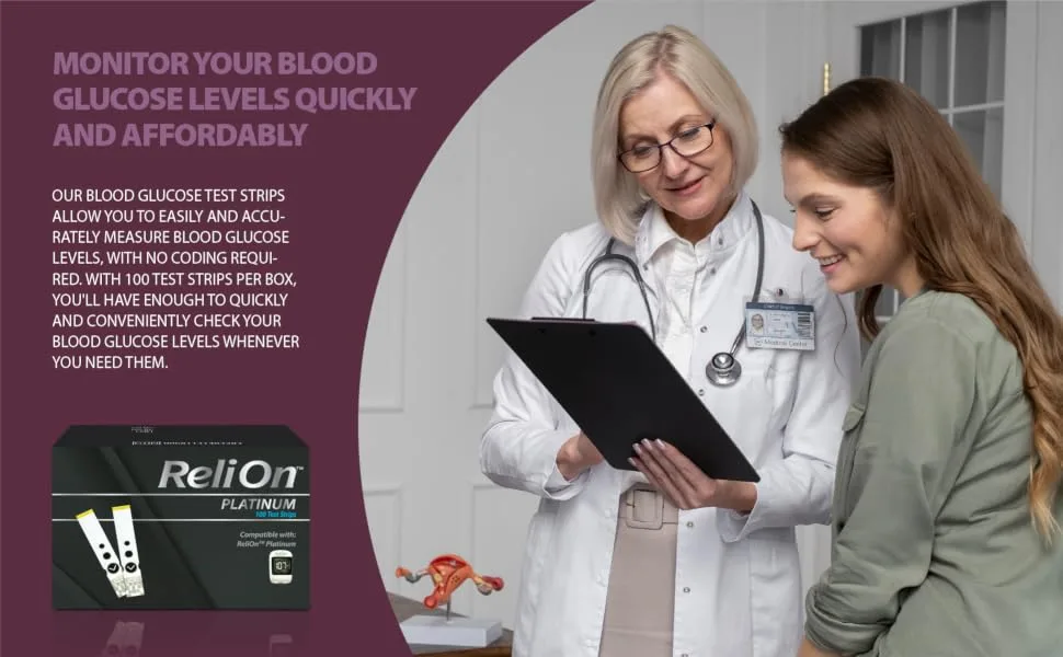 ReliOn Platinum Blood Glucose Test Strips  100 Ct Bundle with Exclusive Look After Your Diabetes - Better Idea Guide (2 Items) 1 Pack (100 Test Strips) - Ads 2